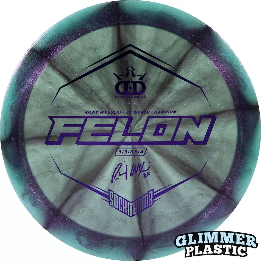 Dynamic Discs Lucid Ice Glimmer Felon Fairway Driver with Ricky Wysocki - 2X World Champion - SockiBomb Stamp - Speed 9