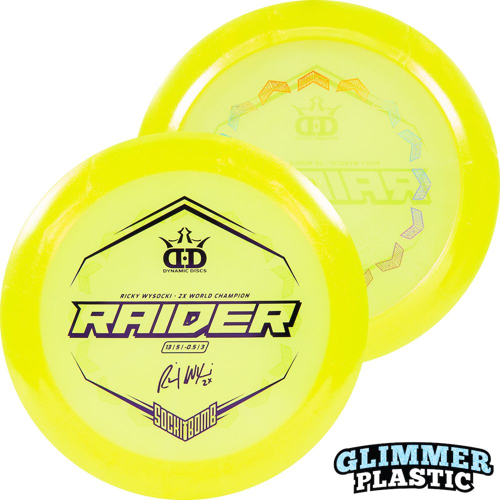 Dynamic Discs Lucid Ice Glimmer Raider Distance Driver with RickyWysocki - 2X World Champion & Sockibomb Ring Bottom Stamp - Speed 13