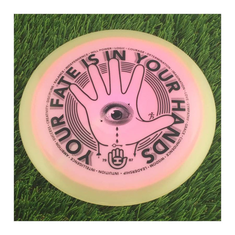 Dynamic Discs Lucid Moonshine Orbit Felon with HSCo - Your Fate Is In Your Hands Stamp - 173g - Translucent Pink