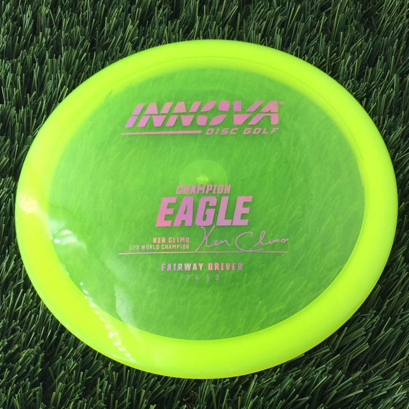 Innova Champion Eagle with Ken Climo 12X World Champion Signature Burst Logo Stock Stamp- 169 Yellow