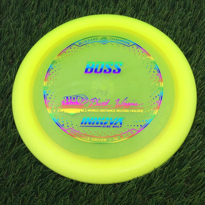 Innova Champion Blizzard Boss with 1108 Feet - David Wiggins - World Distance Record Holder Stamp- 137.23 Yellow