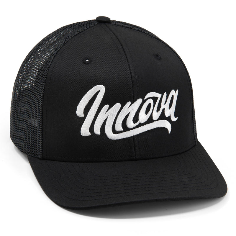 "Innova" Flow Richardson 112 Trucker Curved Bill Snapback Meshback Cap - Black / White / Black