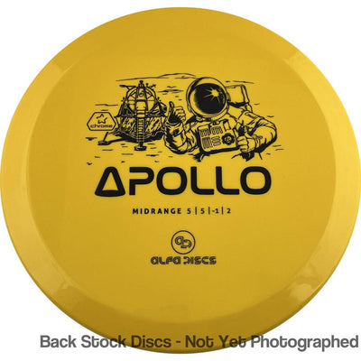 Yellow Alfa Discs Apollo midrange disc golf disc with a black astronaut and lunar lander stamp.