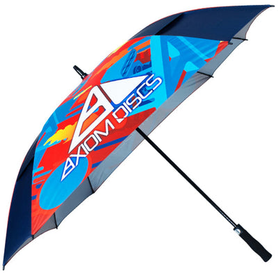 Axiom Discs large square UV umbrella with a vibrant red and blue abstract pattern, a black shaft, and a black handle.