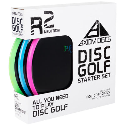 White Axiom Discs R2 Neutron Disc Golf Starter Set with neon green, blue, pink, and black discs.