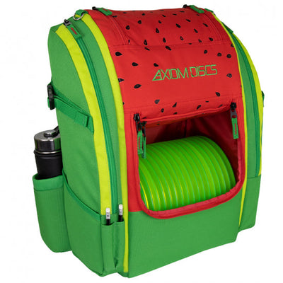 Axiom Discs Voyager Lite SE watermelon-themed disc golf backpack with green, red, and yellow fabric.