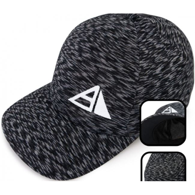 Gray and black Axiom Flexfit Delta hat with a white pyramid logo embroidered on the Unipanel front.