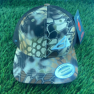 Yupoong Axiom Snapback Trucker Hat in Pyramid Kryptek camo pattern with a blue embroidered logo and black mesh back.