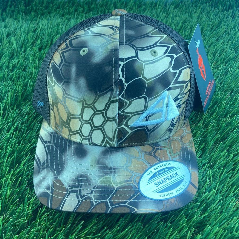 Yupoong Axiom Snapback Trucker Hat in Pyramid Kryptek camo pattern with a blue embroidered logo and black mesh back.