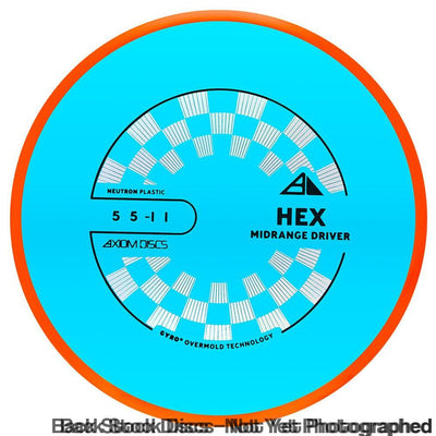 Axiom Neutron Hex midrange driver disc golf disc in bright blue with an orange overmold rim and black stamp.