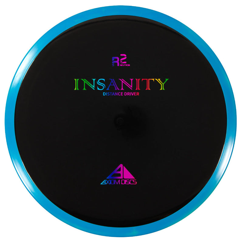 Black Axiom Plasma Insanity disc golf driver with a bright blue rim and rainbow foil stamping.