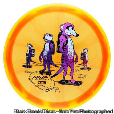 Axiom Prism Proton Crave disc golf disc with an orange flight plate and a yellow rim, featuring a purple meerkat design.