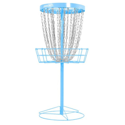 Light blue Axiom Pro 24-chain disc golf basket with a circular base and shiny silver chains.