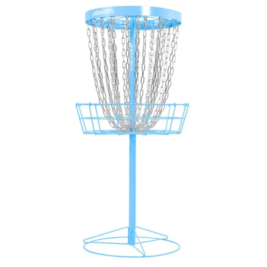 Light blue Axiom Pro 24-chain disc golf basket with a circular base and shiny silver chains.