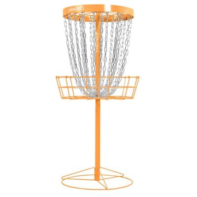 Bright orange Axiom Pro 24-chain disc golf basket with a circular base and shiny silver chains.