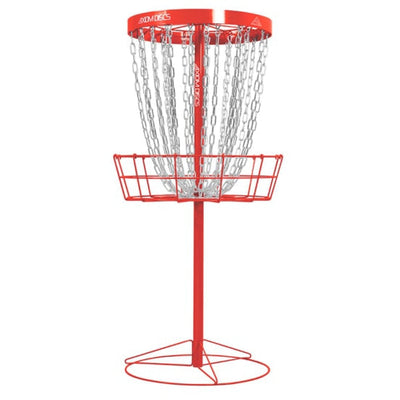 Red Axiom Pro Basket with 24 silver chains, a red wire cage, and a supportive red stand.