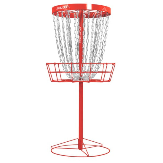 Red Axiom Pro Basket with 24 silver chains, a red wire cage, and a supportive red stand.