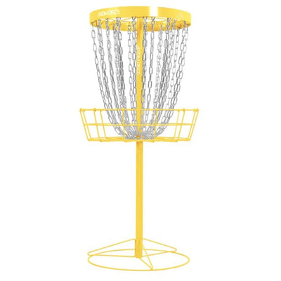 Yellow Axiom Pro Basket with 24 silver chains, a yellow wire basket, and a stable tripod base.