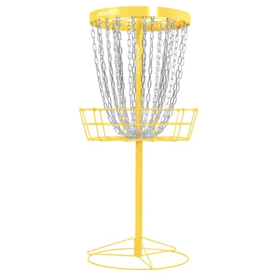 Yellow Axiom Pro Basket with 24 silver chains, a yellow wire basket, and a stable tripod base.