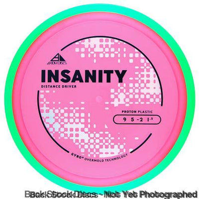 Axiom Proton Insanity Distance Driver disc golf disc with a pink flight plate and a bright green rim.