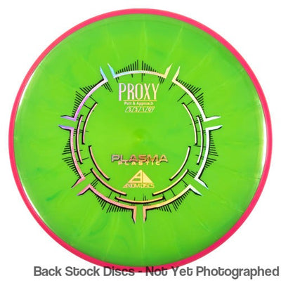 Axiom Proxy Plasma disc golf putter with a bright green flight plate, a hot pink rim, and a holographic stamp.
