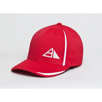 Red Axiom stretch fit hat with white embroidered logo detailing a stylized "A" and white accent stripes.