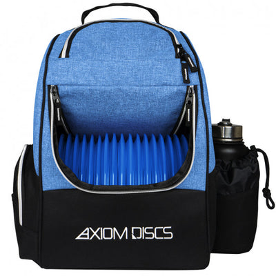 Blue and black Axiom Shuttle disc golf backpack with an open compartment full of blue discs and a black water bottle.