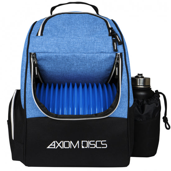 Blue and black Axiom Shuttle disc golf backpack with an open compartment full of blue discs and a black water bottle.