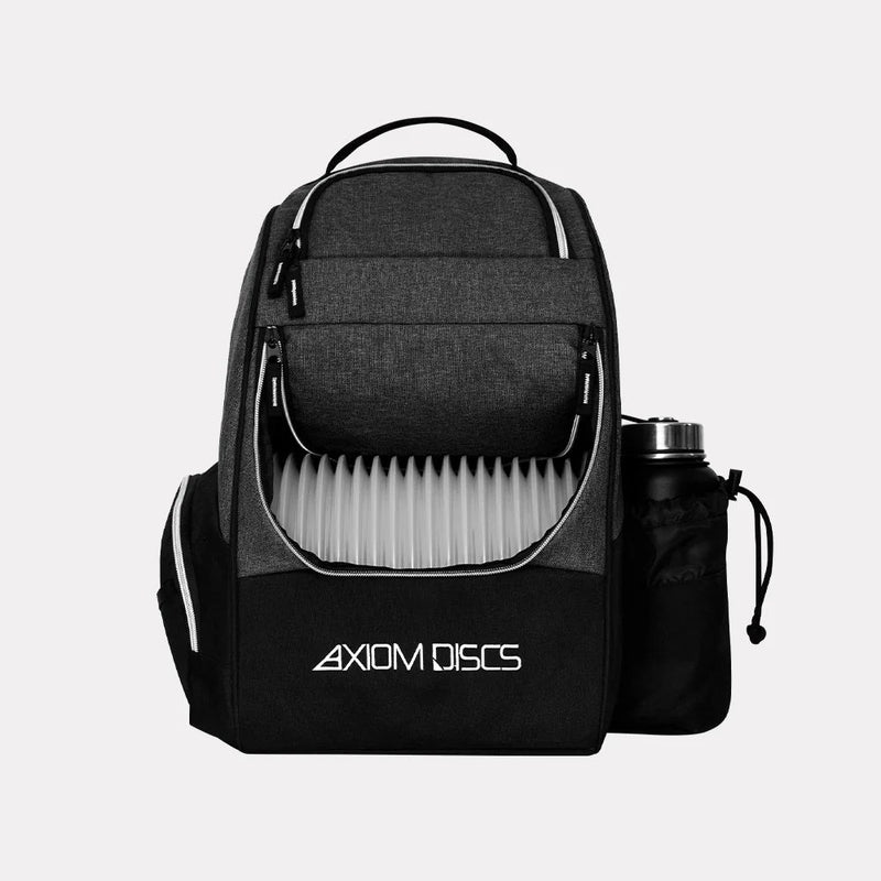Axiom shuttle disc golf backpack, dark gray and black, with multiple compartments of white discs, and a bottle holder on the.