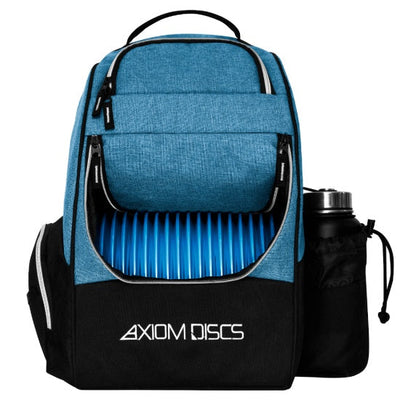 Axiom shuttle starter backpack in blue and black with many blue discs inside and a black water bottle holder on the side.