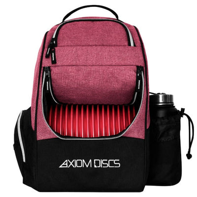 Axiom shuttle starter backpack in dark pink and black with red discs inside and a water bottle on the side.