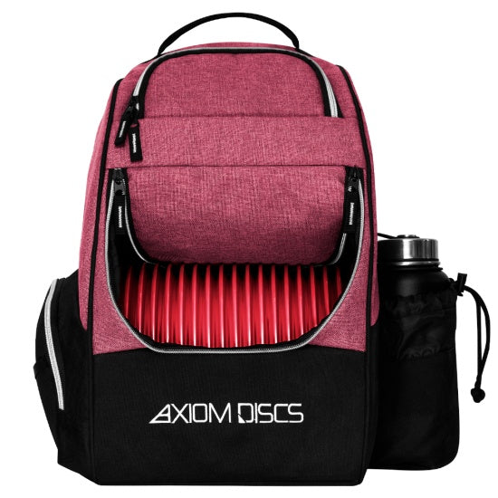 Axiom shuttle starter backpack in dark pink and black with red discs inside and a water bottle on the side.