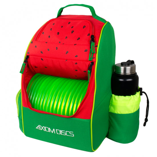 Limited edition red and green Axiom Shuttle Starter disc golf backpack with black seeds, lime green discs, and a bottle.