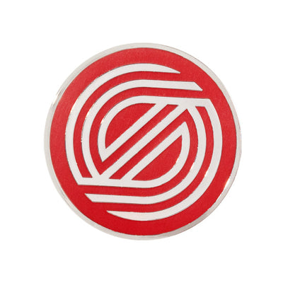 Circular Simon Line icon enamel pin with a red background and a white abstract design.