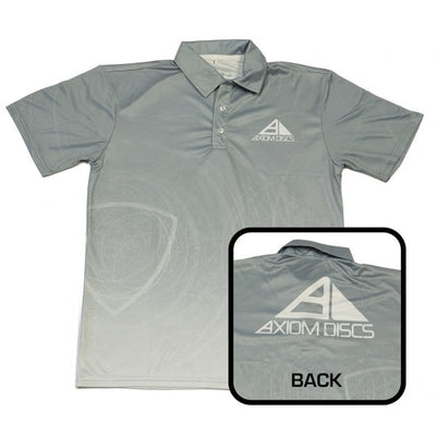 Axiom sublimated polo in gray and white with a subtle graphic pattern and the Axiom Discs logo on the chest and back.