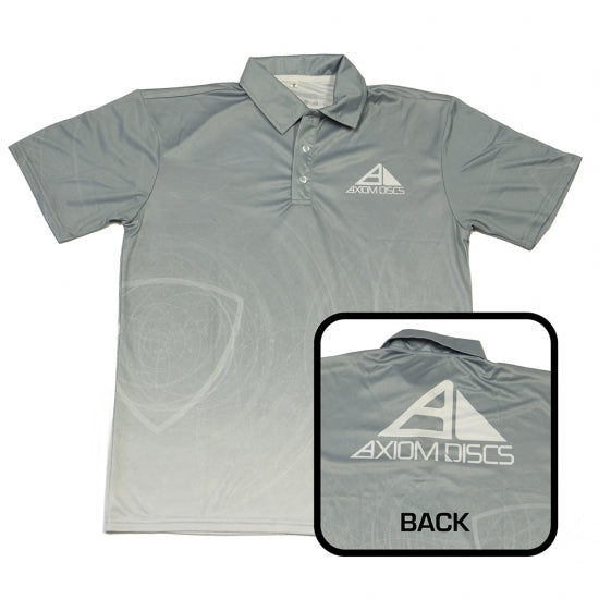 Axiom sublimated polo in gray and white with a subtle graphic pattern and the Axiom Discs logo on the chest and back.