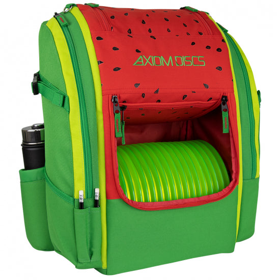 Axiom voyager lite se backpack in a watermelon design, featuring red with black seeds and green accents, holding bright.
