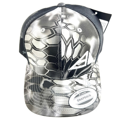 Black and white Kryptek camouflage Yupoong snapback trucker hat with a dark mesh back and white Axiom logo.