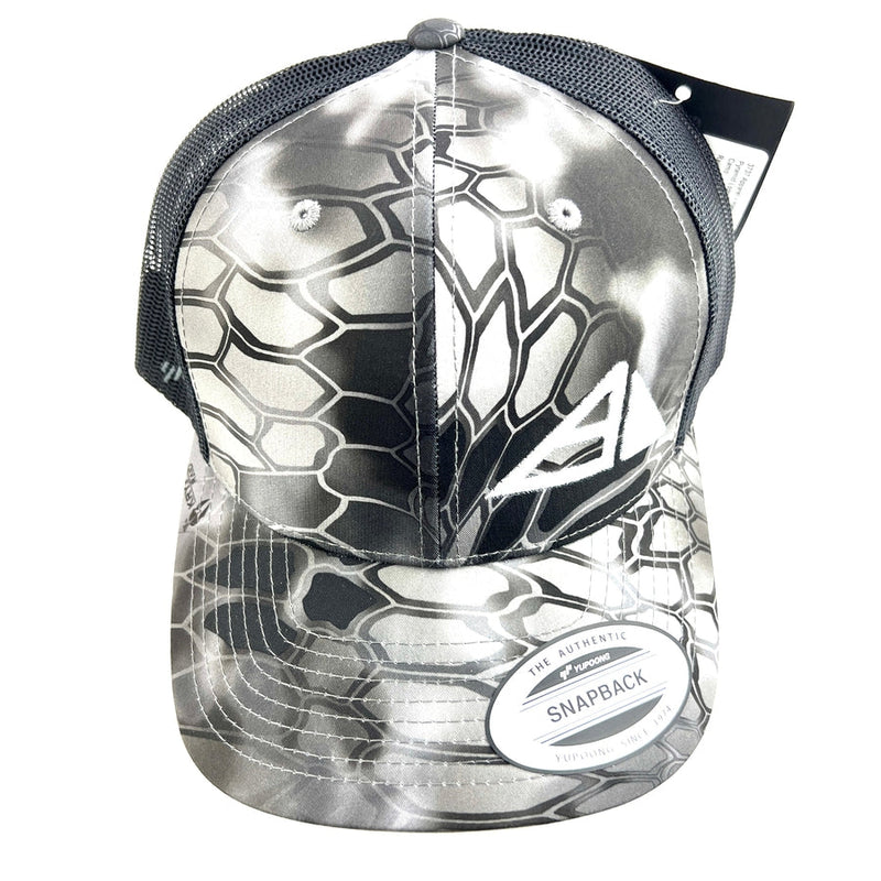 Black and white Kryptek camouflage Yupoong snapback trucker hat with a dark mesh back and white Axiom logo.