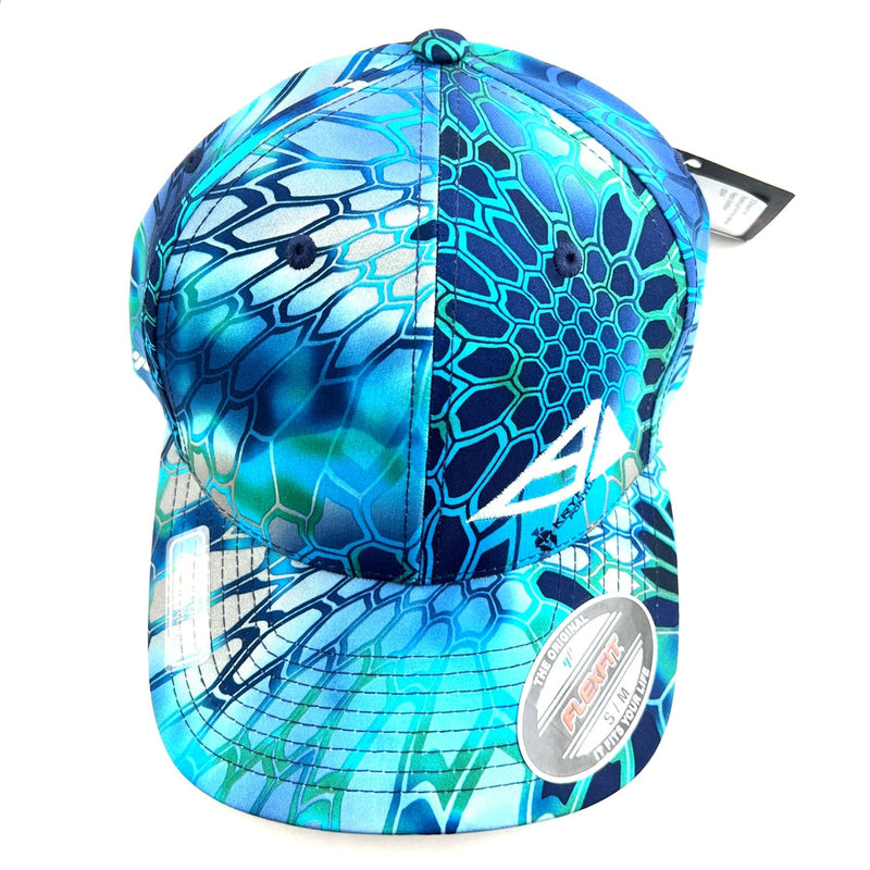 Blue and teal Yupoong Axiom Flex Fit Kryptek camo hat with a white Axiom pyramid logo.