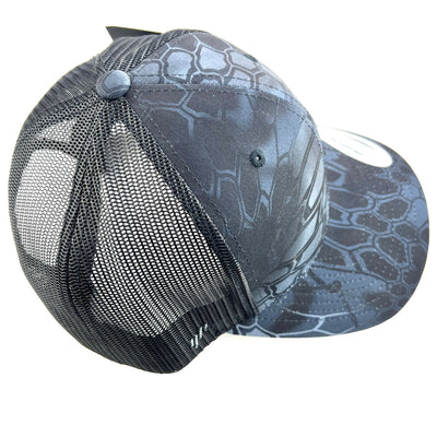 Axiom Yupoong snapback trucker hat in dark grey Kryptek camo pattern with black mesh and brim.