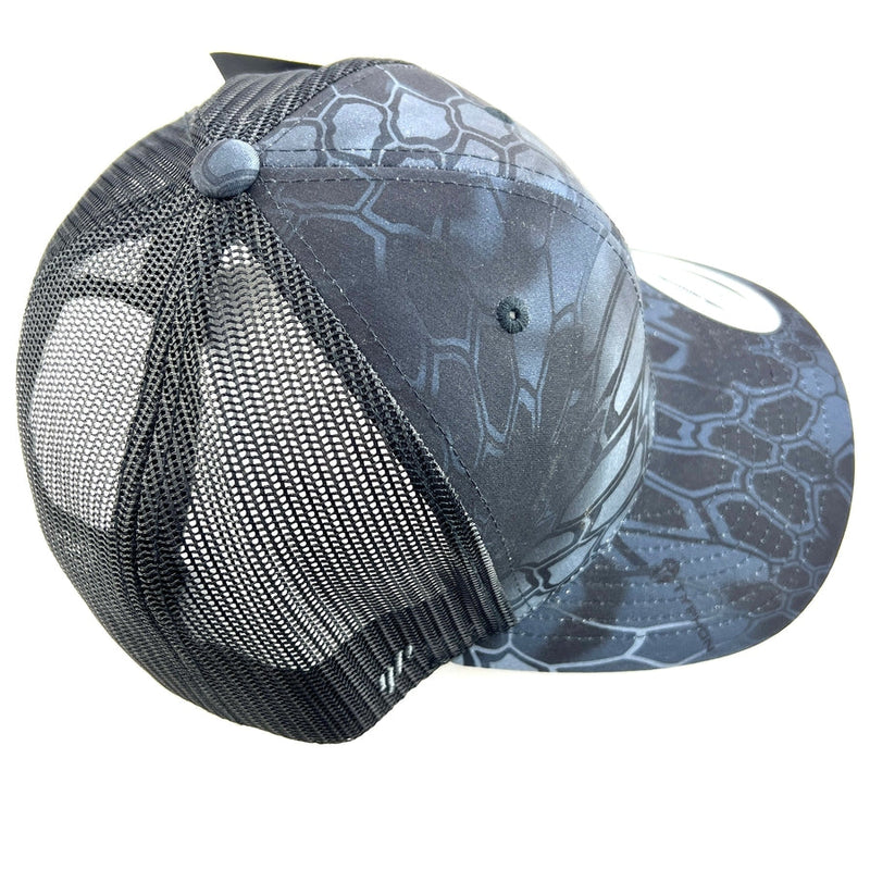 Axiom Yupoong snapback trucker hat in dark grey Kryptek camo pattern with black mesh and brim.