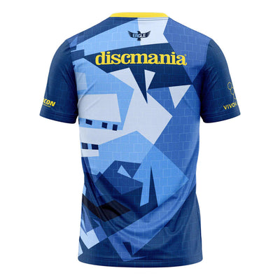 Back of a blue and white geometric discmania european open 2022 eagle mcmahon jersey with a yellow collar.