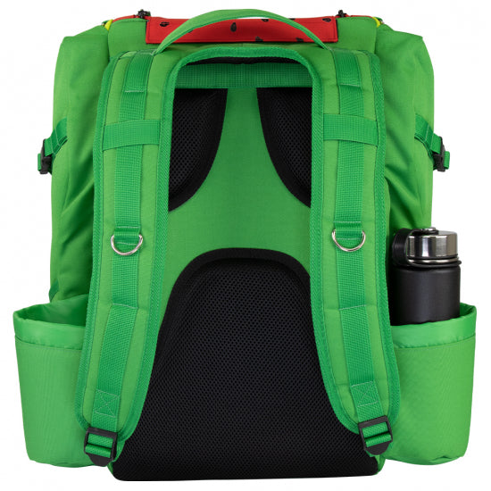Back exterior of a green axiom voyager lite se backpack with black mesh padding and a watermelon-patterned top handle.