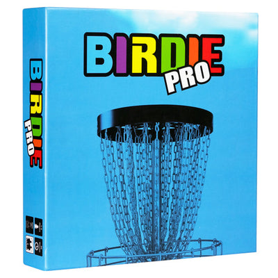 Birdie Pro board game box featuring a partial disc golf basket with shiny chains against a light blue sky.