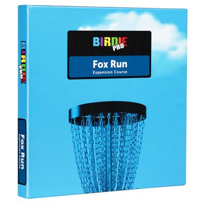 Birdie Pro Fox Run Expansion Course disc golf board game box with a blue sky background and a black disc golf basket.