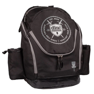 Black discmania fanatic 2 disc golf backpack with gray accents and the discmania shield logo on front.