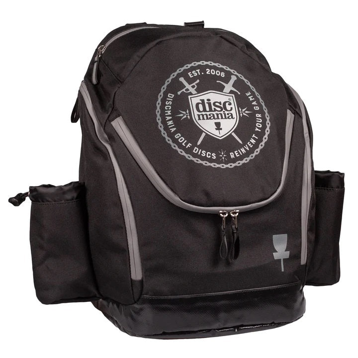 Black discmania fanatic 2 disc golf backpack with gray accents and the discmania shield logo on front.