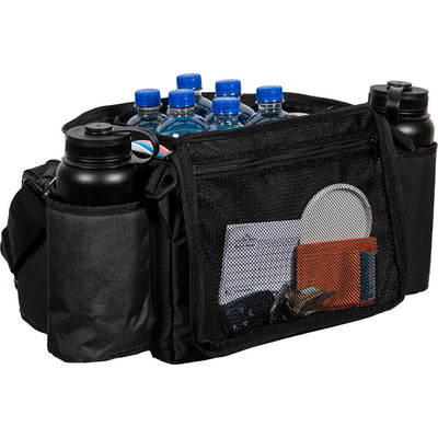 Black dynamic discs soldier cooler disc golf bag with water bottles, a large bottle, and a mesh pocket with contents.