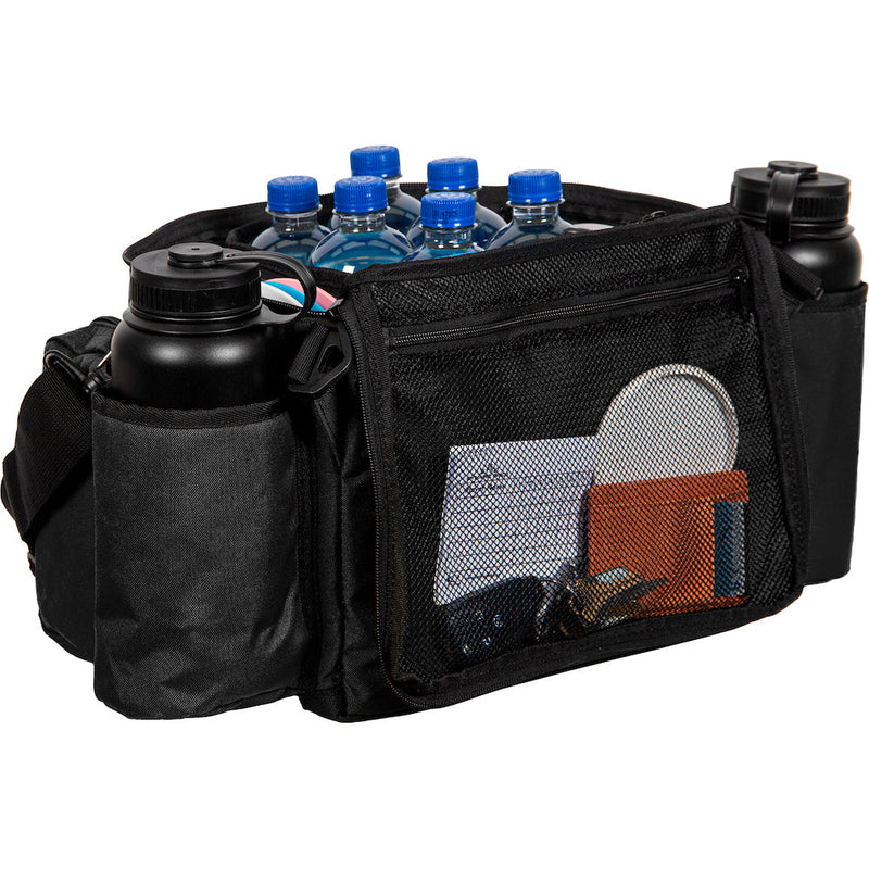 Black dynamic discs soldier cooler disc golf bag with water bottles, a large bottle, and a mesh pocket with contents.